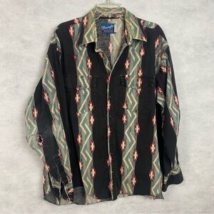 Vtg Wrangler Brushpopper Shirt 2XL Black Aztec Southwest Rodeo Cowboy Flaw
